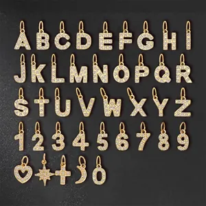 Golden micro-pave zircon pendants featuring alphabet letters and numeric symbols