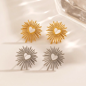 Orecchini a cuore cavo in oro e argento, acciaio inossidabile con design a raggiera