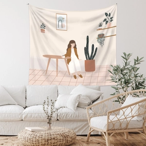 Close-up of bohemian wall tapestry with minimalist woman drinking coffee illustration