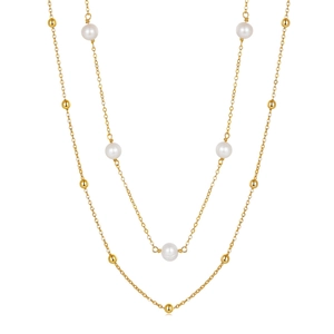 Double-layered gold necklace featuring elegant baroque pearls and polished gold beads
