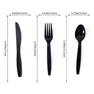 Detailed size chart for black disposable cutlery set including knife fork and spoon