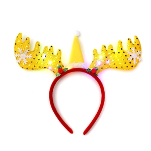 Detail of luminous Christmas reindeer headband with LED lights and gold glitter antlers
