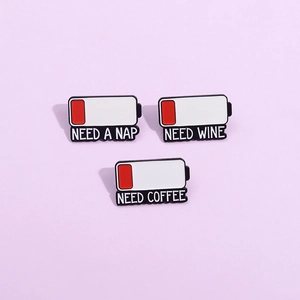 Funny battery enamel pin set featuring Need Coffee, Need Wine, and Need Nap slogans