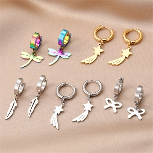 Stainless Steel Hoop Earrings With Dragonfly Star Feather And Bow Dangling Charms Punk Hip Hop Style For Men Women