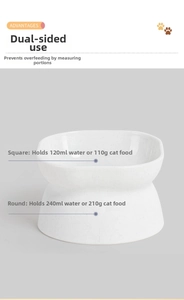 Detail of double-sided pet bowl showing shallow and deep sides for portion control
