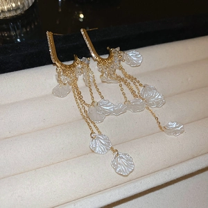 Elegant gold fringe earrings with white shell petals and zircon crystals for women