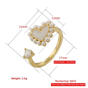 Detailed dimension guide for adjustable heart ring with pearls and zircon in golden finish