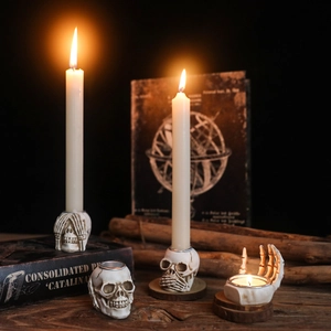 Gothic skull and skeleton hand resin candle holder set for Halloween decor