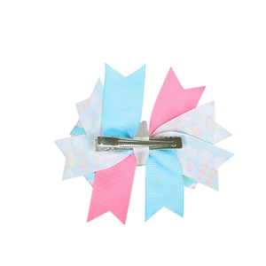Kids Easter bunny bow hair clip with pink polka dot ribbons and metal alligator grip