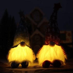 Set of two glowing Christmas gnomes with warm LED lights in red and grey knit hats
