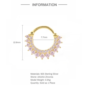 Detail showing 925 sterling silver septum ring specs with pink zirconias and 12.6mm height