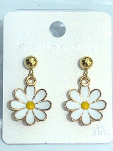 Detail view of daisy earrings with white enamel petals on stainless steel display card