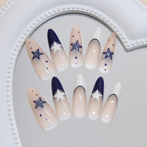 Blue vintage starry French polka dot almond press-on nails set with star patterns