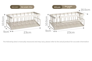 Size chart showing basic and rod model sink organizers with measurements in centimeters