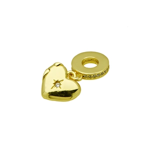 Detailed view of a gold heart-shaped pendant featuring a sparkling center-set zircon
