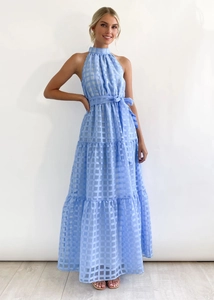 Detail of light blue plaid halter maxi dress with layered skirt and waist tie decoration