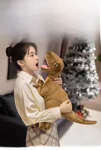 Detailed view of large brown dinosaur plush toy with realistic skin texture and sharp teeth