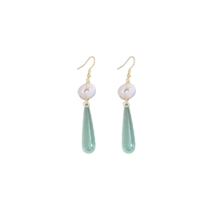 Elegant Chinese style resin jade teardrop earrings with gold hooks on white background