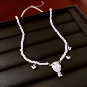 Elegant pearl necklace with large water-drop zircon pendant and adjustable silver chain