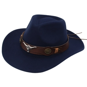 Navy blue felt western cowboy hat featuring a leather band and silver bull head ornament