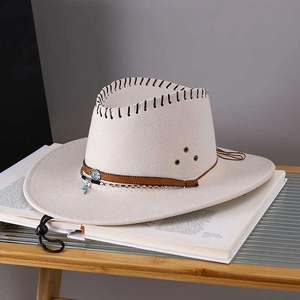Chic beige wool cowboy hat featuring a turquoise band and adjustable chin strap