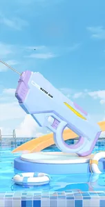 Detail of blue and purple electric water gun with high-speed automatic firing nozzle