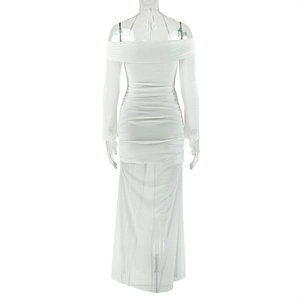 Detailed view of white off-shoulder bodycon dress with sheer long sleeves and ruching