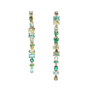 Elegant gold drop earrings with multi-colored geometric crystal clusters on white background