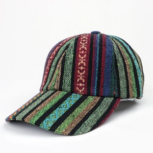 Detailed side view of bohemian striped baseball cap with multi-color woven geometric patterns