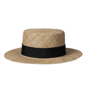 Handcrafted flat top straw boater hat with a wide black grosgrain ribbon for sun protection