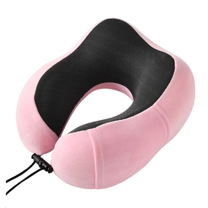 Cuscino da viaggio a forma di U rosa e nero con memory foam e fibbia regolabile