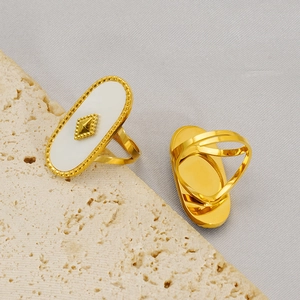 Gros plan sur la bague en acier doré avec insert ovale blanc et détail de rivet métallique