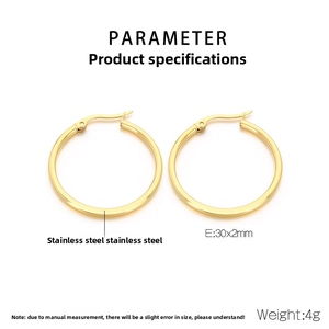 30mm stainless steel 18K gold hoop earrings with dimensions and 2mm thickness specs