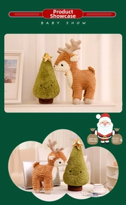 Detail of plush Christmas tree with star and cute reindeer toy on display counter