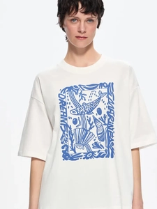 Βαμβακερό T-Shirt Με Θαλασσινό Σχέδιο Ψάρια Κοντό Μανίκι Στρογγυλή Λαιμόκοψη Χαλαρή Γραμμή Γυναικεία Μπλούζα