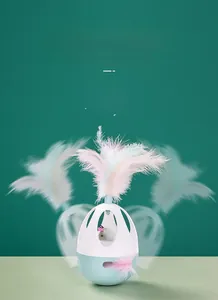 Close-up of the 360-degree automatic rotating cat toy with colorful feathers and mouse