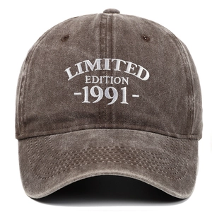 Detail of white Limited Edition 1991 embroidery on brown washed cotton baseball cap