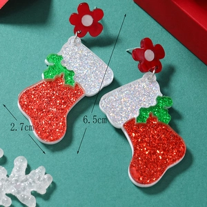 Christmas stocking acrylic earrings size detail 6.5cm length with festive glitter finish
