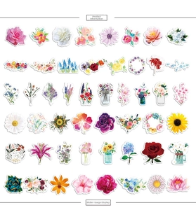 Macro display of realistic floral stickers featuring roses, sunflowers and hydrangeas