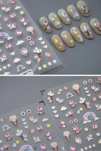 Detail of Rainbow Pegasus nail stickers featuring cartoon unicorns and hot air balloons