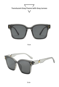 Detailed front and side views of oversized transparent grey sunglasses with lightning decor