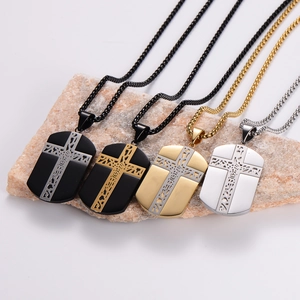 Cross shield dog tag necklaces for men in black, gold, and silver stainless steel