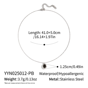 Silver stainless steel necklace with black oval pendant showing length and weight specs