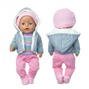 Detailed front and back view of a three-piece plush winter doll outfit with grey hoodie