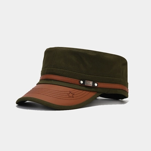 Detail of army cap with brown leather brim, star embossing and FS Fashion metal logo