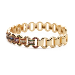 Close-up of gold-plated bangle with micro-pave multi-colored cubic zirconia stones