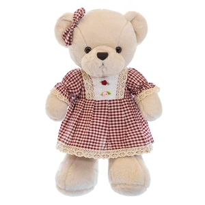 Pastoral teddy bear plush toy wearing a red checkered lace dress on white background