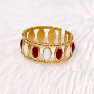 Retro gold plated stainless steel open ring with red and white enamel geometric inlay