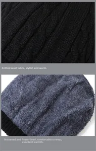 Detailed close-up of black cable knit fabric with thick grey fleece lining for warmth