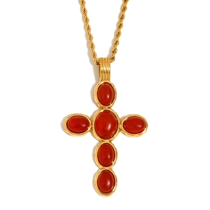Vintage 18K gold plated stainless steel cross necklace with oval red emerald gemstones